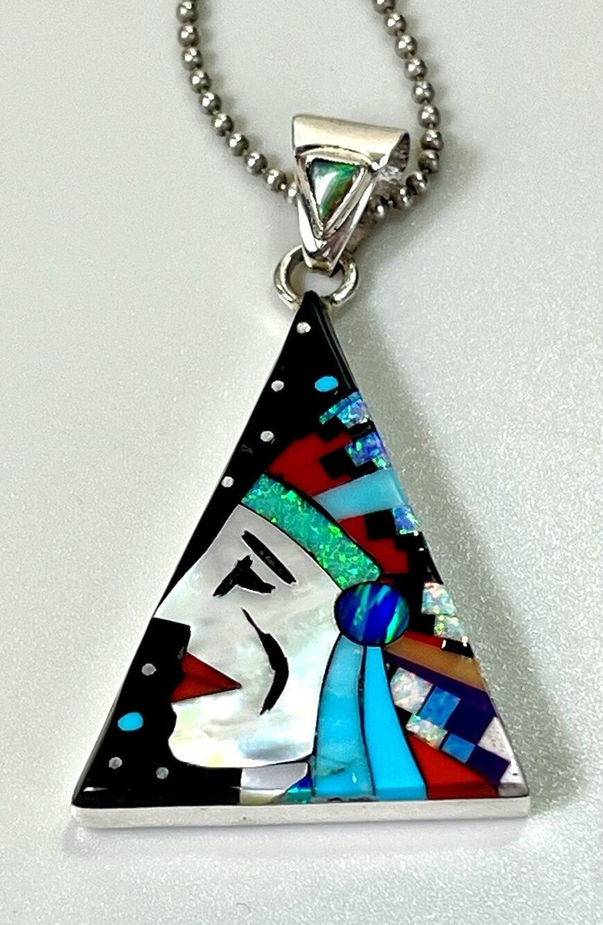 ZUNI Galaxy Sterling Silver Indian Chief Kachina Micro Inlay Pendant Necklace